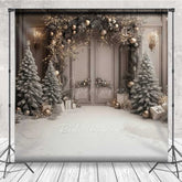 Aperturee Aperturee Elegant Christmas Doorway Photography Backdrop Frosted Trees and Gifts in Snow Silver and Gold Holiday Decor Prop
